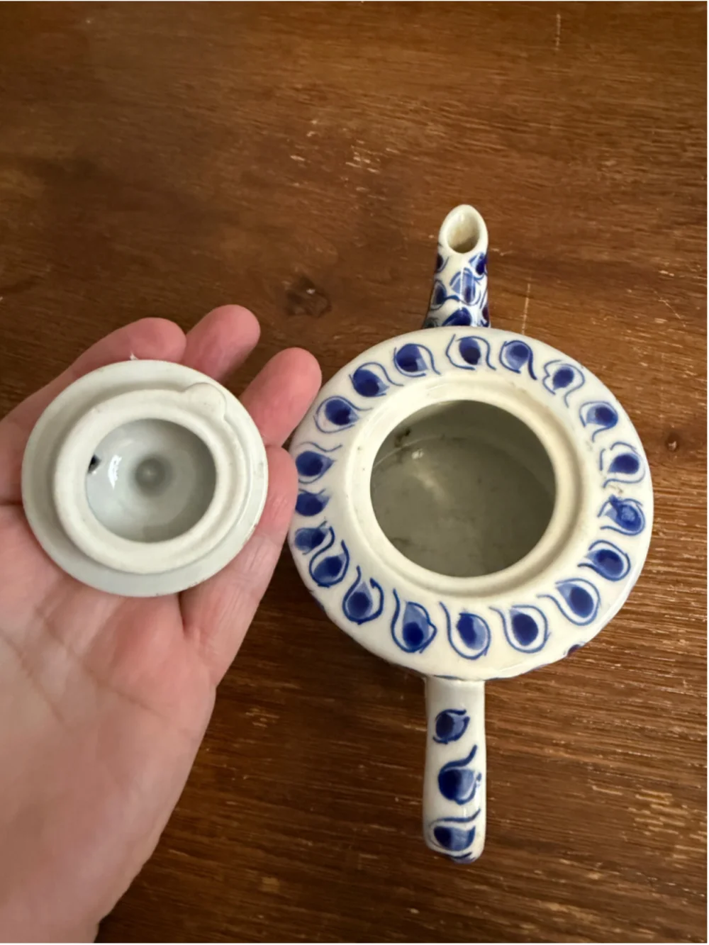 Vintage Hand Painted Blue White Floral Ceramic Teapot with Lid Folk Art Pottery